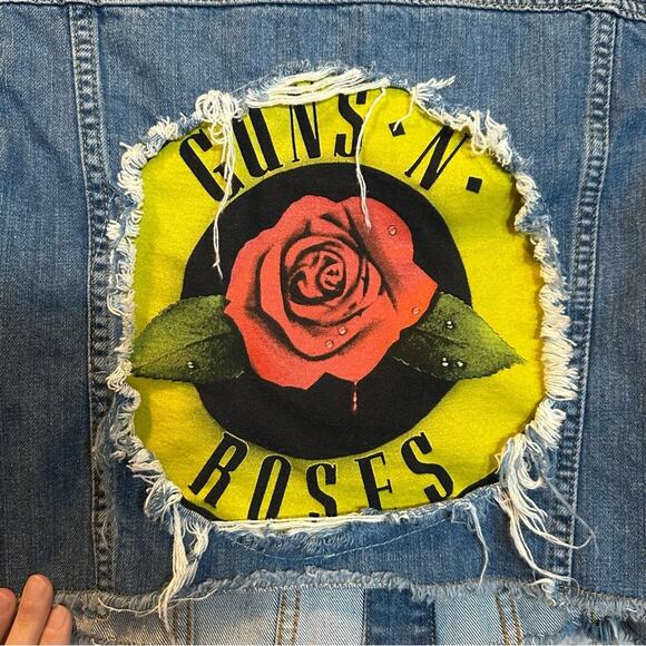 Guns N Roses denim jacket up cycle crop embroidered roses distressed raw hem - Picture 3 of 10
